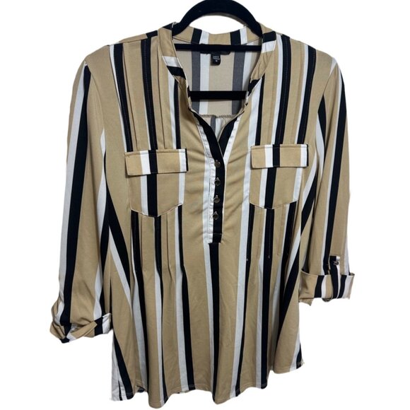Cocomo Beige Striped Button Front 3/4 Sleeve Blouse Top Size Medium - Picture 1 of 5